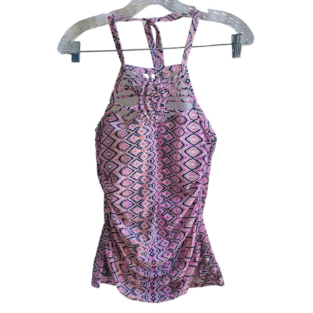 Island Escape Tankini‎ Top Size 8 Halter Padded Pink Geometric Pattern Woven